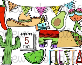 Fiesta/Cinco De Mayo Digital Clip Art Set- Color and Black Line COMBO- Instant Download