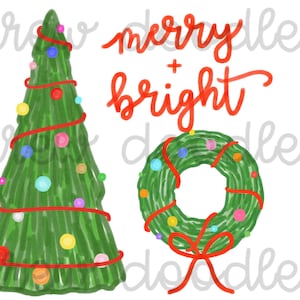 Conjunto de clipart digital de árvore de Natal alegre e brilhante em aquarela e guirlanda - download instantâneo