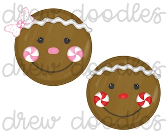 Watercolor Boy and Girl Gingerbread Faces Digital Clip Art Set- Instant Download