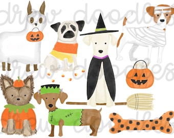 May include: A set of ten digital illustrations of dogs dressed in Halloween costumes. The dogs are wearing costumes such as a ghost, a witch, a mummy, a pumpkin, a dachshund, and a candy corn costume. The illustrations are in a watercolor style and are perfect for use in digital scrapbooking, card making, or other craft projects.