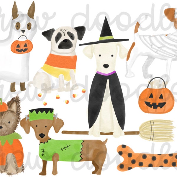 Watercolor Trick or Treat Halloween Dogs Digital Clip Art Set- Instant Download