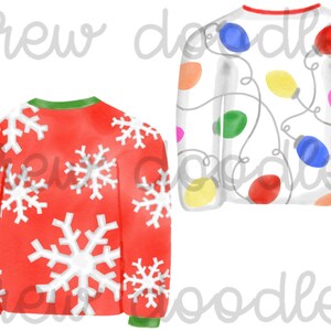 May include: Two Christmas sweater designs. One is red with white snowflakes and the other is white with colorful lightbulbs.