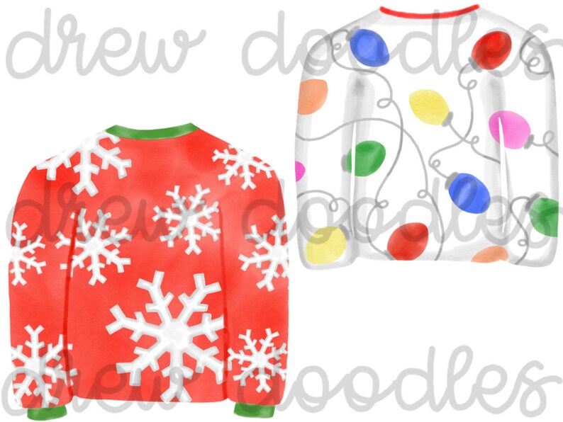 May include: Two Christmas sweater designs. One is red with white snowflakes and the other is white with colorful lightbulbs.