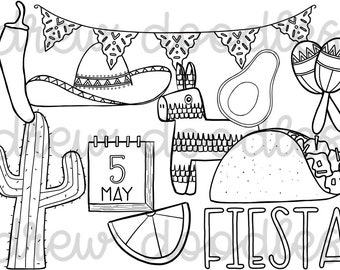 Fiesta/Cinco De Mayo Digital Clip Art Set- Black Line Version- Instant Download