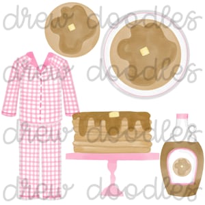 Watercolor Pink Gingham Pajamas and Pancakes Digital Clip Art Set- Instant Download