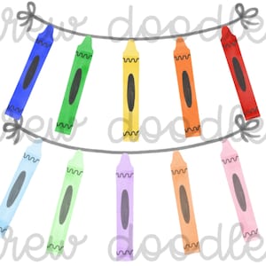 May include: A string of colorful crayons hanging from a gray string. The crayons are in the colors of the rainbow, from blue to red.
