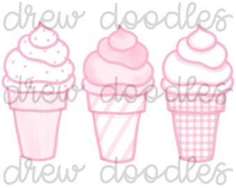 Watercolor Pink Ice Cream Clipart Set (Digital Download)