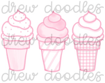 Watercolor Pink Gingham Bitty Dot Ice Cream Soft Serve Digital Clip Art Set- Instant Download