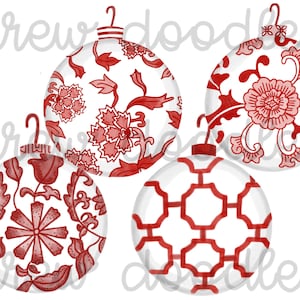 Adornos navideños chinos rojos en acuarela - Imágenes prediseñadas digitales - Descarga instantánea