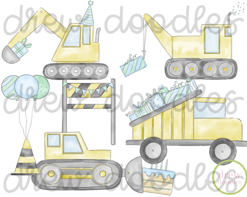 Watercolor Birthday Construction Trucks Digital Clip Art Set- Instant Download image 1