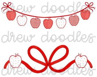 Watercolor Red Patterned Apple Banner and Bow Digital Clip Art Set- Instant Download