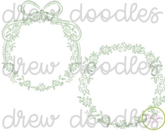 Watercolor Green Ditsy Floral Circle Bow Frames- Digital Clip Art Set- Instant Download