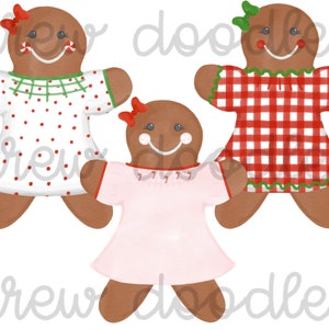 Watercolor Red Green and Pink Gingerbread Girls in Dresses Digital Clip Art Set- Instant Download
