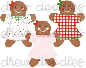 Watercolor Red Green and Pink Gingerbread Girls in Dresses Digital Clip Art Set- Instant Download