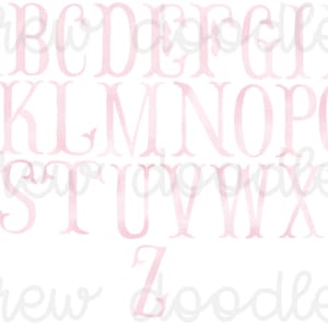 May include: Pink watercolor alphabet letters in a serif font. The letters are uppercase and are arranged in alphabetical order. The letters are on a white background.