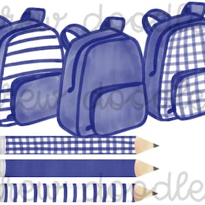 Watercolor Navy Gingham Book Bag and Pencils Digital Clip Art Set- Instant Download