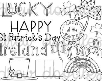 St. Patrick's Doodles Digital Clip Art Set- Black Line Version- Instant Download