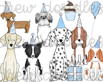 Puede incluir: Una ilustración digital de siete perros con sombreros de fiesta. Los perros son un dachshund, un shih tzu, un dálmata, un cocker spaniel, un border collie, un cavalier king charles spaniel y un labrador retriever. Todos los perros llevan sombreros de fiesta azules y blancos. Hay una caja de regalo azul y blanca en la imagen.
