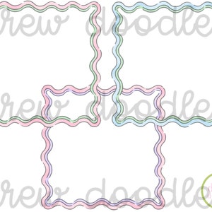 May include: Four wavy, pastel-colored frames with a white background. The frames are layered on top of each other, with the largest frame on the bottom and the smallest frame on top. The frames are all different colors, with the bottom frame being pink, the next frame being green, the next frame being blue, and the top frame being purple.