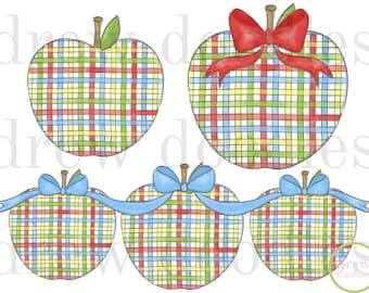 Watercolor Plaid Apples with Bows Digital Clip Art Set- Instant Download