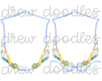 May include: Two blue and white shield-shaped frames with a school supply theme. Each frame is decorated with pencils, crayons, rulers, scissors, and apples. The text "drew doodles" appears at the top and bottom of the image.