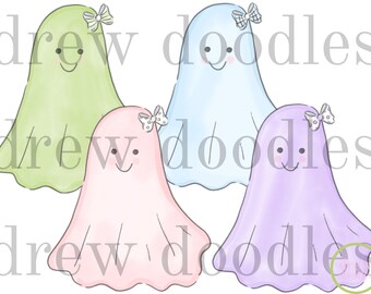 Conjunto de imágenes prediseñadas digitales de fantasmas de Halloween en acuarela con lazos: descarga instantánea