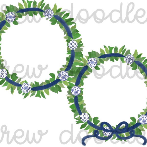 Watercolor Chinoiserie Christmas Wreaths- Digital Clip Art Set- Instant Download