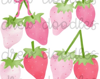 Watercolor Pink Strawberry Digital Clip Art Set- Instant Download