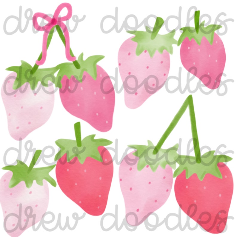 Instant Download Watercolor Pink Strawberry Digital Clip Art Set