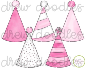 Watercolor Pink Birthday Party Hats Digital Clip Art Set- Instant Download