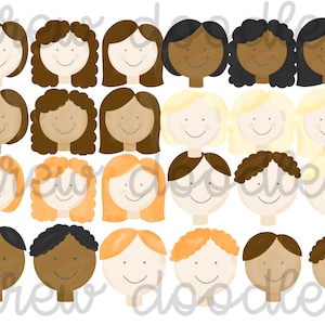 Aquarell Mädchen & Jungen Köpfe - 25 Bilder Total - Digital Clip Art Set - Instant Download