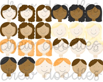 Watercolor Girls & Boys Heads- 25 Images Total- Digital Clip Art Set- Instant Download