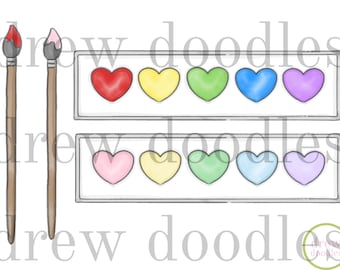 May include: Two paintbrushes with red and brown handles, and two rows of six heart-shaped paint colors in a watercolor palette. The colors are red, yellow, green, blue, purple, pink, light yellow, light green, light blue, and light purple.