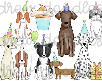 Puede incluir: Una ilustración digital de nueve perros con sombreros de fiesta. Los perros son de diferentes razas y colores, y todos están sonriendo. Hay un cupcake, un hueso y un globo en el fondo.