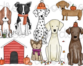 Watercolor Fall Dogs Digital Clip Art Set- Instant Download