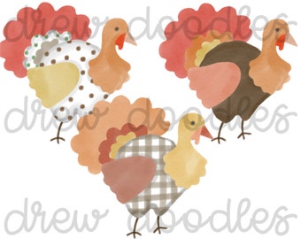 Watercolor Thanksgiving Turkey Digital Clip Art Set- Instant Download