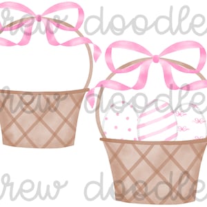 Conjunto de clipart digital para cesta de Páscoa com laço rosa em aquarela - Download instantâneo