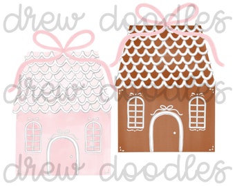 Watercolor Christmas Pink Bow Gingerbread Houses Digital Clip Art Set- Instant Download