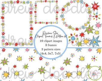 May include: A set of 10 digital clipart images featuring rainbow star frames and patterns. The frames are in three sizes: 4x4, 5x7, and 7x5 inches. The patterns are also in three sizes.