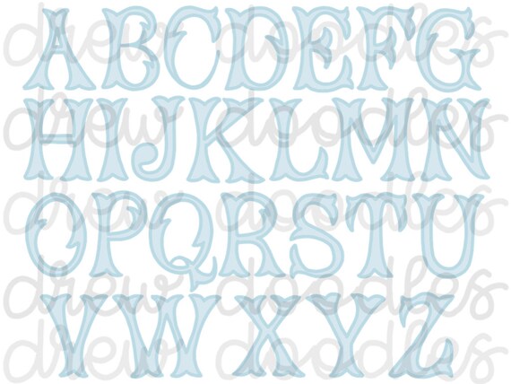 Blue Outline FishtailMonogram Alphabet Digital Clip Art Set Instant Download