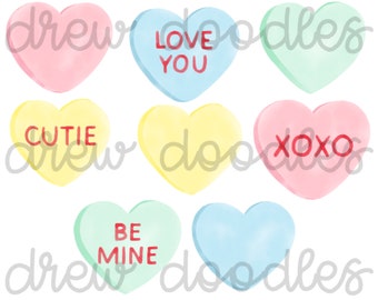 May include: Nine watercolor painted heart-shaped candy conversation hearts with different messages. The messages are "Love You", "Cutie", "XOXO", "Be Mine", and "Love You".