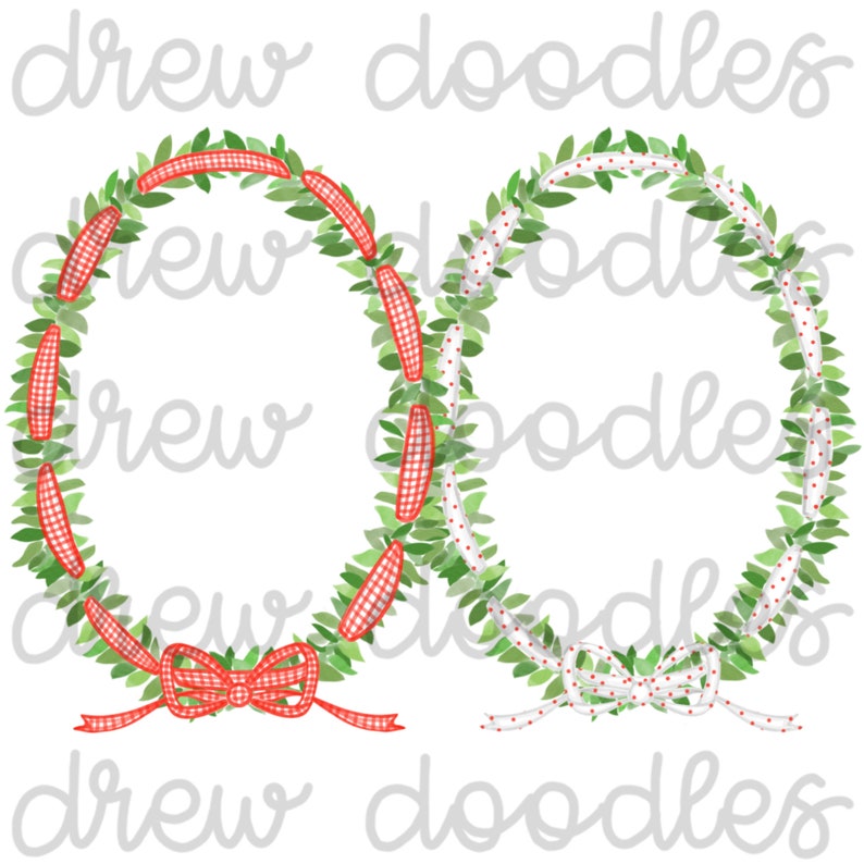 Instant Download Digital Clip Art Set Watercolor Red Gingham and Bitty Dot Ribbon Wreaths