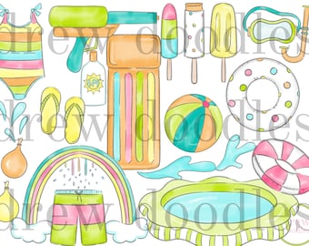 Watercolor Pool Party Jumbo Clip Art Set- Instant Download