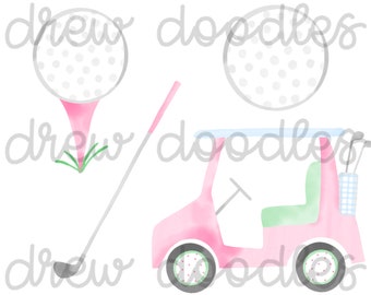 Watercolor Pink and Green Golf, Golf Cart Digital Clip Art Set- Instant Download