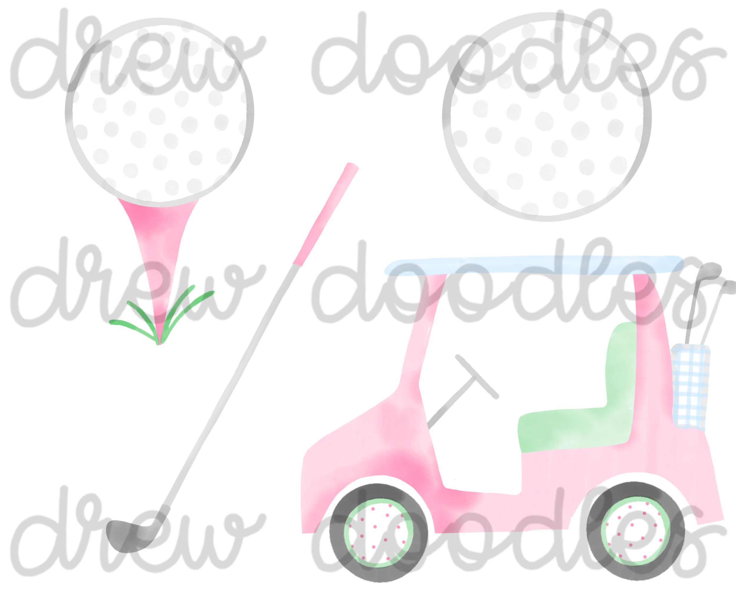 Watercolor Pink and Green Golf Golf Cart Digital Clip Art Etsy