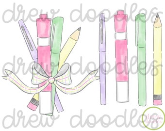 Watercolor Pastel Teacher Pens Digital Clip Art Set- Instant Download