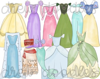 Watercolor Dresses with Outline- Digital Clip Art Set- Instant Download