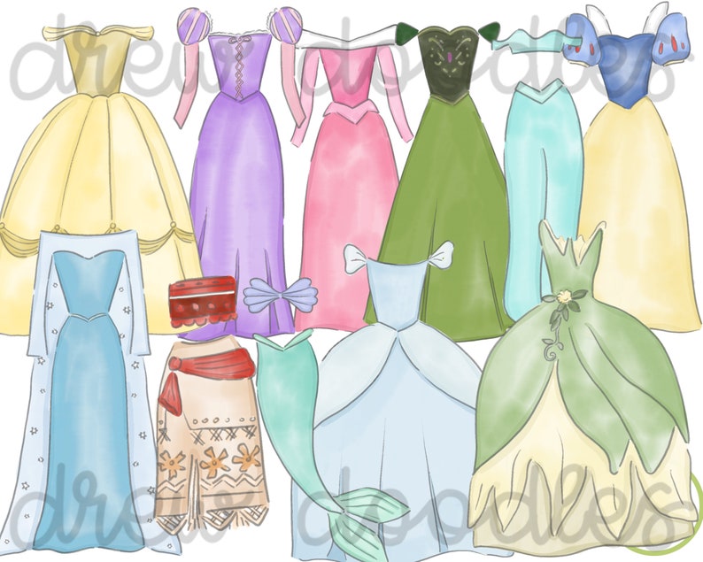 Watercolor Dresses with Outline Digital Clip Art Set Instant Download image 1