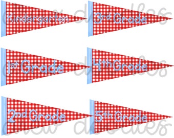 Watercolor Red Gingham and Light Blue Kindergarten- 5th Grade Banners- Digital Clip Art Set- Instant Download