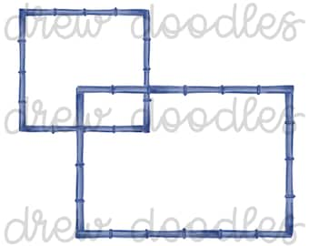 Watercolor Chinoiserie Blue Bamboo Square and Rectangle Frames- Digital Clip Art Set- Instant Download